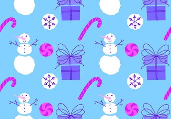 Cartoon winter ice seamless snowman and snowflakes and candy pattern for Christmas packaging and new year