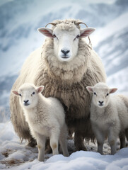 Obraz premium A Photo of a Sheep and Her Babies in a Winter Setting