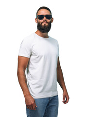 Portrait of handsome, young, stunning, perfect bearded guy wearing a white blank t-shirt. T-shirt template.