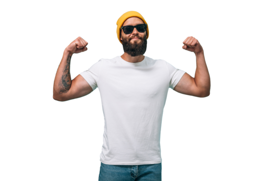 Portrait of handsome, young, stunning, perfect bearded guy wearing a white blank t-shirt. T-shirt template.