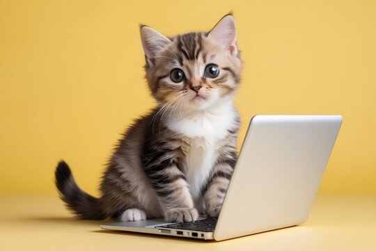 a cute little kitten sitting by the laptop, a touching look.