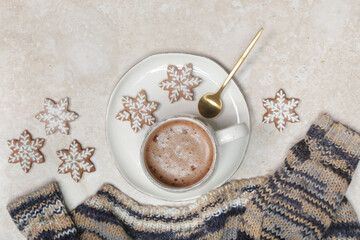 Christmas gingerbread cookies and chocolate milk mug, concept of winter holidays desserts and decoration