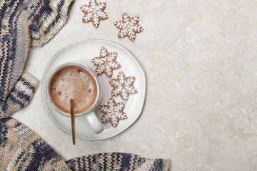 Christmas gingerbread cookies and chocolate milk mug, concept of winter holidays desserts and...