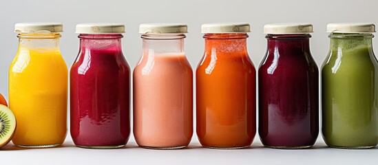 The idea of promoting well being through healthy food organic beverage and fasting detox is represented by a bottled fruit smoothie juice for cleansing It is also available for delivery as p - obrazy, fototapety, plakaty