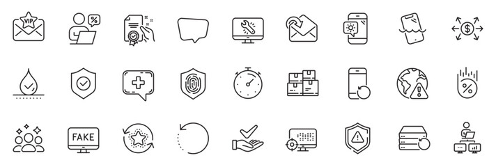 Icons pack as Attention, Medical chat and Certificate line icons for app include Receive mail, Vip mail, Work home outline thin icon web set. Fingerprint, Fake news, Timer pictogram. Vector