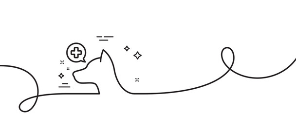 Veterinary clinic line icon. Continuous one line with curl. Dog care sign. Pets health symbol. Veterinary clinic single outline ribbon. Loop curve pattern. Vector