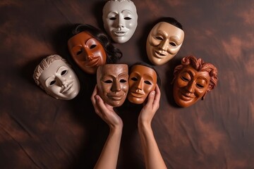 Fake emotion, play a role concept. Character holds masks our face with different emotions. Choice of moods, hiding behind a false mask. Defense and playing to the audience. Psychology.