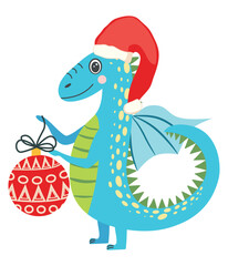Year of the Dragon 2024, Chinese calendar. Cute green christmas dragon in santa hat