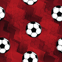 Abstract seamless football pattern in red colors on grunge zigzag dots background. Grunge geometric textured print for sport textile, boy clothes, wrapping paper. Soccer ball and arrows repeats print.