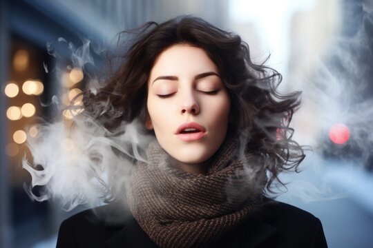 A woman with closed eyes and wavy hair is wrapped in a scarf, exhaling in cold air, creating swirls of breath vapor.