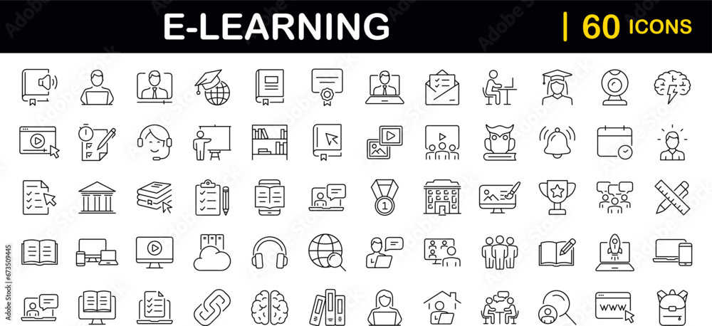 Poster e-learning set of web icons in line style. online education icons for web and mobile app. distance l