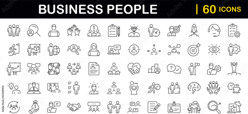 Poster Business People set of web icons in line style. Teamwork in business management icons for web and mobile app. Business meeting, handshake, agreement, human resources, office management, workplace team