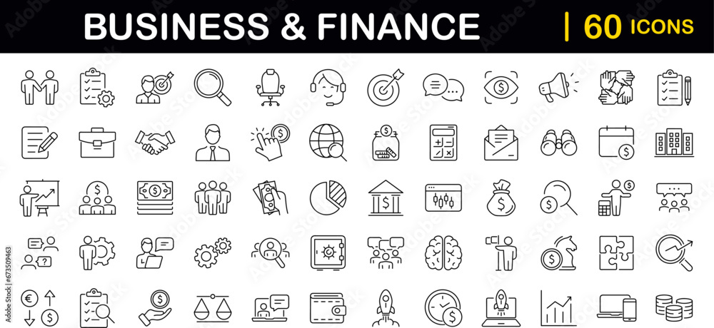 Poster Business and finance set of web icons in line style. Money and business icons for web and mobile app. Money, business process, bank, teamwork, office, payment, management, wallet. Vector illustration
