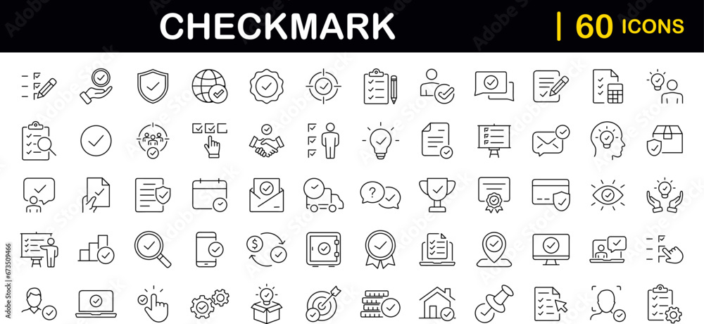 Poster Check mark set of web icons in line style. Approve icons for web and mobile app. Approve, check marks, ticks, inspector, quality check, approved icons and more. Vector illustration