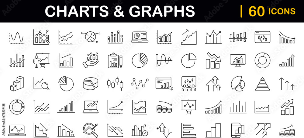 Poster Graphs and Graphs set of web icons in line style. Charts and diagram icons for web and mobile app. Business infographic, charts, statistics, growth, growing bar graph and more. Vector illustration
