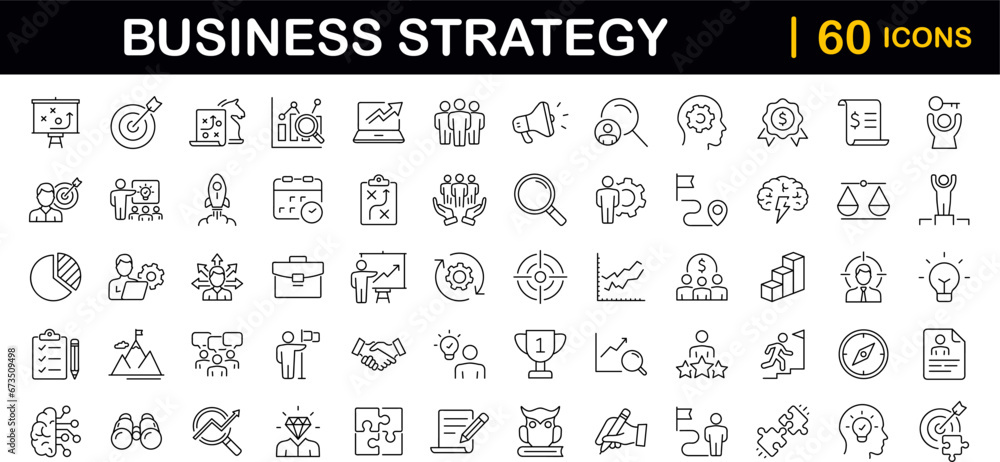 Poster Business strategy set of web icons in line style. Business solutions icons for web and mobile app. Action List, research, solution, team, marketing, startup, advertising, business process, management