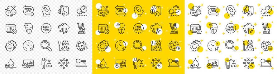 Outline Vitamin b6, Calendar and World weather line icons pack for web with 24 hours, Waterproof, Settings gears line icon. Recovery laptop, Discrimination, Fake news pictogram icon. Vector