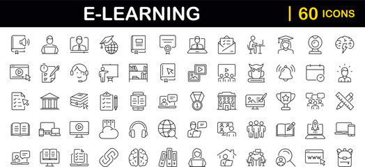 E-learning set of web icons in line style. Online education icons for web and mobile app. Distance learning, video tutorial, online lecture, school, university, webinar. Vector illustration - obrazy, fototapety, plakaty