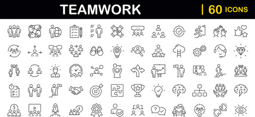 Team work set of web icons in line style. Teamwork and business cooperation icons for web and mobile app. Partnership, synergy, interaction, management, collaboration, meeting, workplace and more. - obrazy, fototapety, plakaty