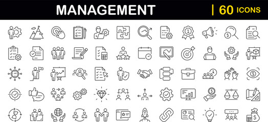 Fototapeta na wymiar Business Management set of web icons in line style. Management icons for web and mobile app. Media, teamwork, vision, mission, business, planning, strategy, marketing. Vector illustration