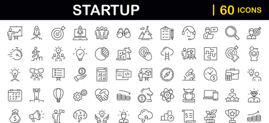 Start up set of web icons in line style. Business startup icons for web and mobile app. Startup project, development, creative idea, target, innovation, marketing, launch business, strategy and more