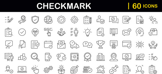 Check mark set of web icons in line style. Approve icons for web and mobile app. Approve, check marks, ticks, inspector, quality check, approved icons and more. Vector illustration