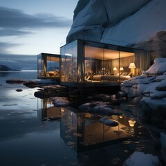 A house of the future built in an iceberg in Anarctica. Future living: innovative house within antarctic iceberg - sustainable design and isolation in the frozen wilderness.