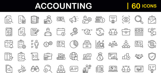 Accounting set of web icons in line style. Accounting and audit icons for web and mobile app. Containing finance report and audit, invoice, tax return, accounting, auditing, inspection and more.