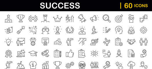 Success set of web icons in line style. Goals and Target icons for web and mobile app. Competition, awards, achievement, laurel branch, reward, winner, motivation, aim, plan and process