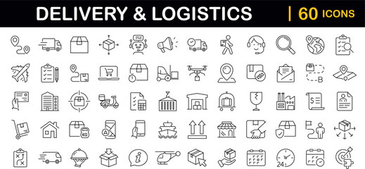 Fototapeta na wymiar Delivery and Logistic set of web icons in line style. Shipping service icons for web and mobile app. Shipping, logistics, delivery, courier, tracking, refunds and more. Vector illustration