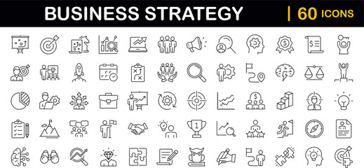 Business strategy set of web icons in line style. Business solutions icons for web and mobile app. Action List, research, solution, team, marketing, startup, advertising, business process, management - obrazy, fototapety, plakaty