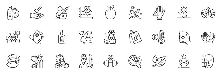 Icons pack as Face attention, Thermometer and Bike timer line icons for app include Dont touch, Medical mask, Vision test outline thin icon web set. Leaf dew, Grow plant. Vector - obrazy, fototapety, plakaty