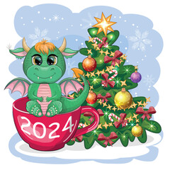 A cute cartoon green dragon in a Santa hat holds a red gift and sits next to the Christmas tree. 2024 new year