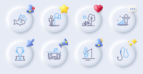 Winner, Arena and Fisherman line icons. Buttons with 3d bell, chat speech, cursor. Pack of Winner cup, Hook, Leadership icon. Fish, Bicycle pictogram. For web app, printing. Vector