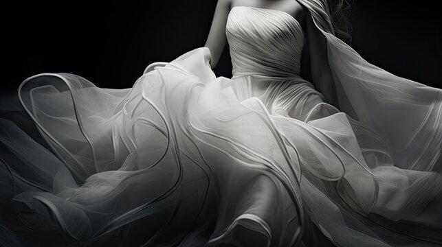 closeup on black and white wedding dress photo, flowing movement