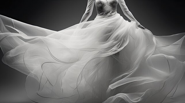 closeup on black and white wedding dress photo, flowing movement