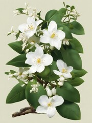 jasmine flowers on a branch with leaves