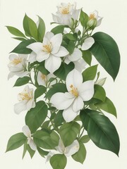 jasmine flowers on a branch with leaves