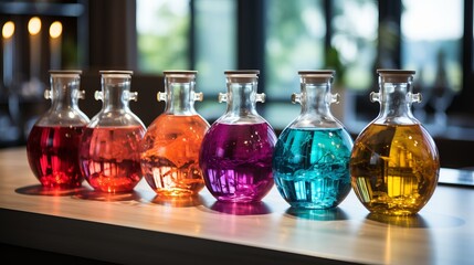 Chemical glass flasks filled with multi-colored liquid. Concept: science and research
