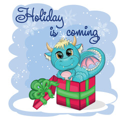Fototapeta premium Cute cartoon green dragon in santa hat. 2024 new year, chinese calendar