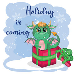 Cute cartoon green dragon in santa hat. 2024 new year, chinese calendar