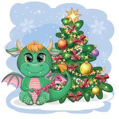 A cute cartoon green dragon in a Santa hat holds a red gift and sits next to the Christmas tree. 2024 new year