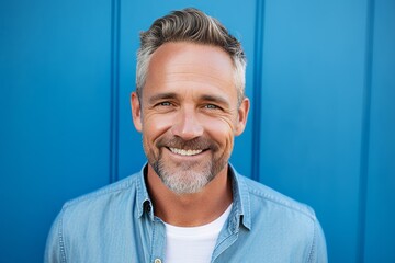 Portrait of a handsome middle-aged man smiling against blue background - Powered by Adobe