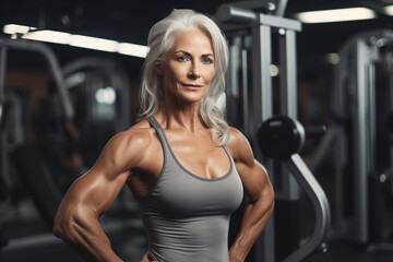 Fototapeta na wymiar An elderly lady bodybuilder in the gym. An old woman leads a healthy lifestyle