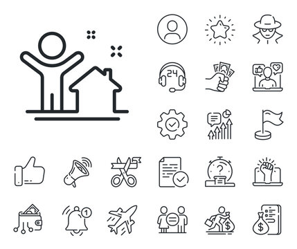 Home building sign. Salaryman, gender equality and alert bell outline icons. New house line icon. Buying real estate symbol. Buyer and his property. New house line sign. Vector