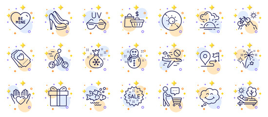 Outline set of Fireworks, Sunglasses and Sale line icons for web app. Include Shoes, Be mine, Fish school pictogram icons. Lounger, Snowman, Sale bags signs. Gift box, Smile, Santa sack. Vector