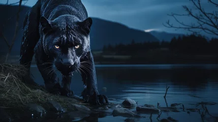 Fotobehang Black panthers dark colored individuals of the genus Panthera, family of cats, black predatory wild animal, powerful fast animal, aggressive . © Alla