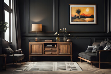 Retro, wooden cabinet and a painting in an empty living room interior with black walls. Close up