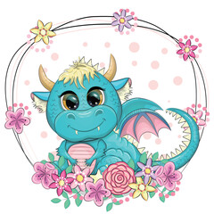 Cute cartoon green baby dragon with horns and wings. Symbol of 2024 according to the Chinese calendar. Funny mythical monster reptile