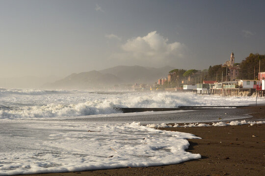 Sea storm in Cavi di Lavagna. Tigullio. Genoa province. Liguria. Italy